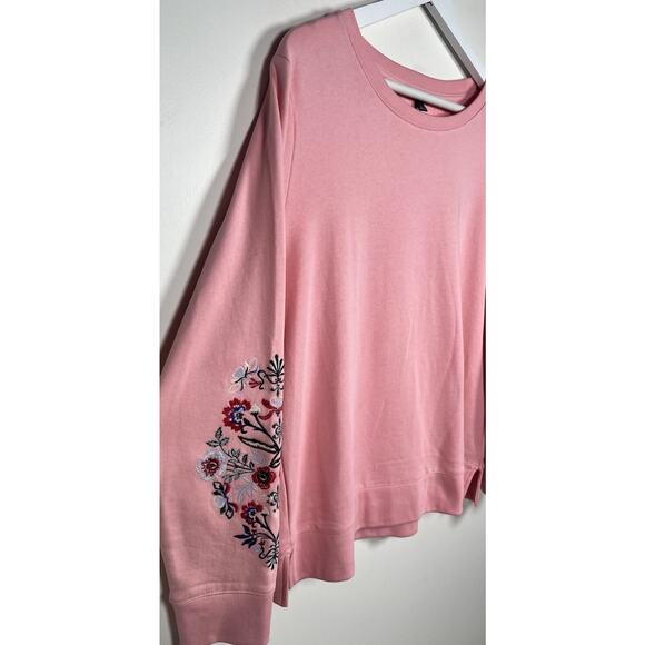 TALBOTS Embroidered Crewneck Sweatshirt LARGE Pink Top Floral Sleeves NWOT - Picture 4 of 8